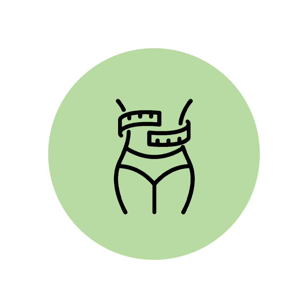 Outline of a waist with a measuring tape on a green background.
