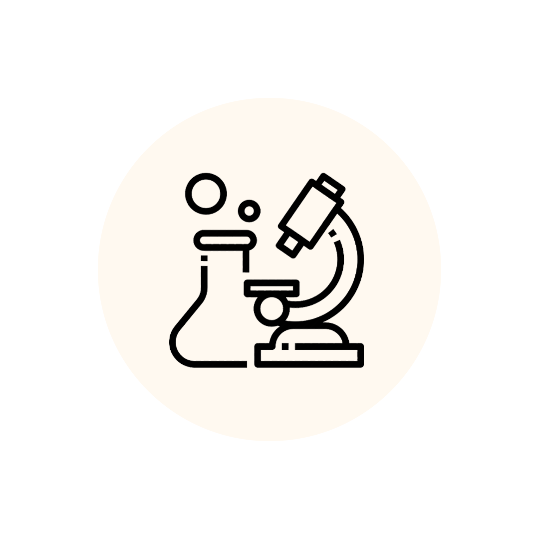 Line drawing of a microscope and a laboratory flask with bubbles.