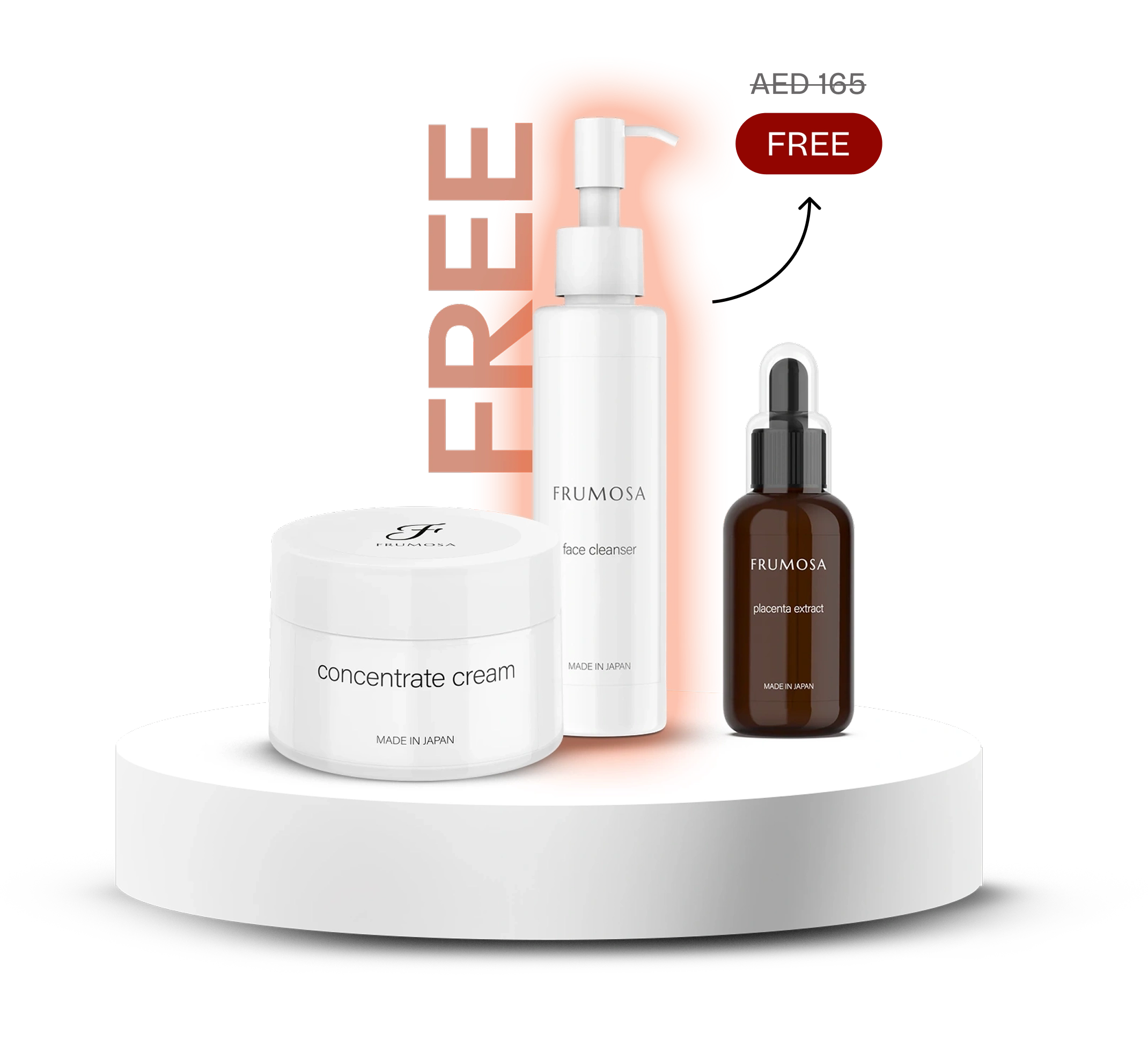 Three skincare products displayed on a white circular stand with 'FREE' text above.