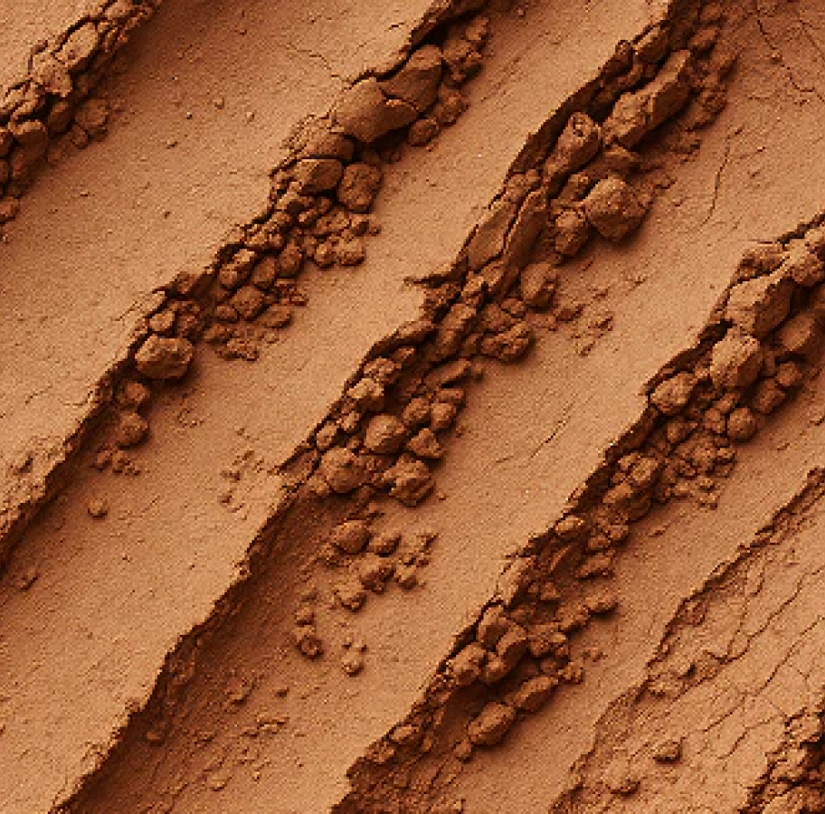 Close-up of brown textured powder with ridges and clumps.