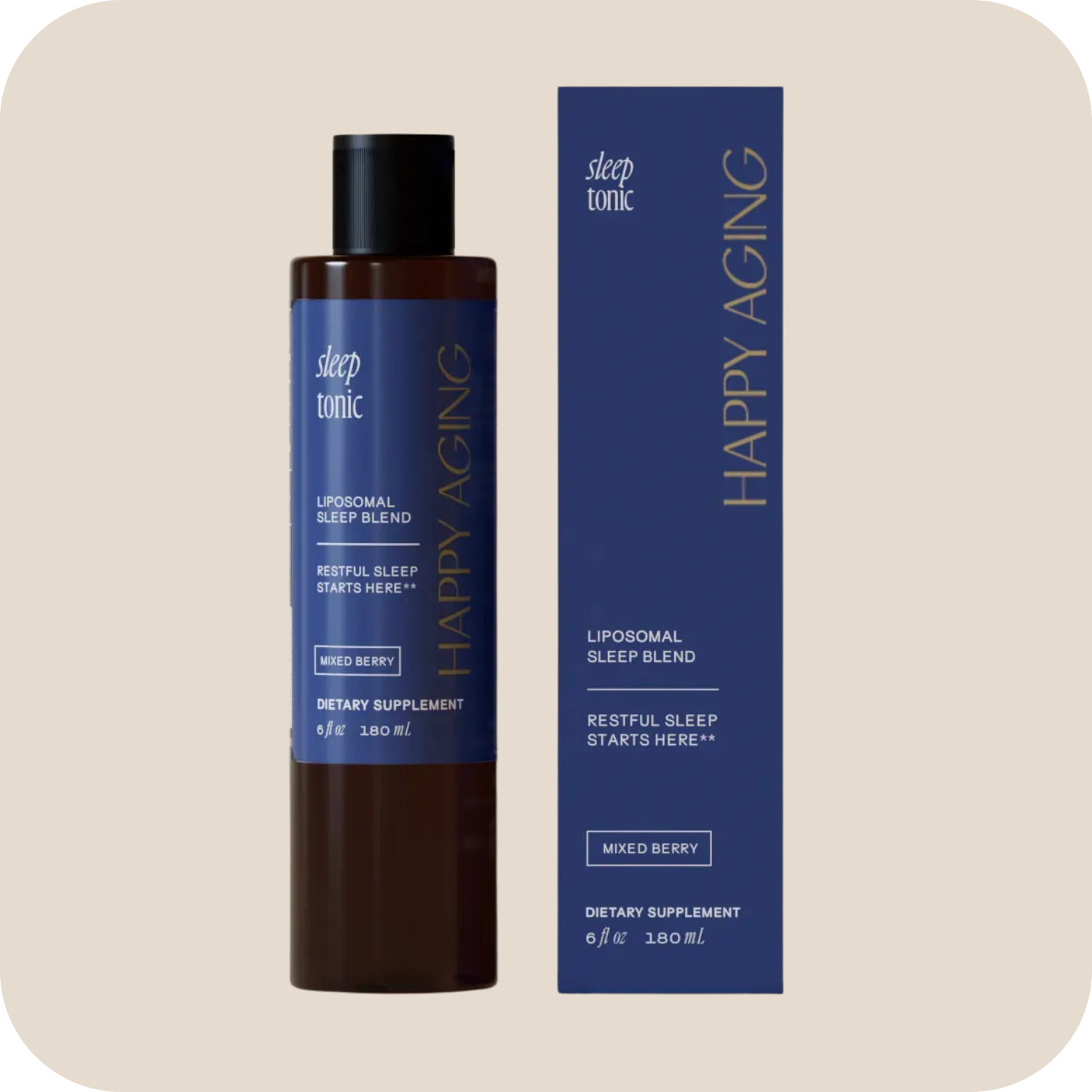 A bottle of Happy Aging Sleep Tonic dietary supplement stands next to its dark blue product box.