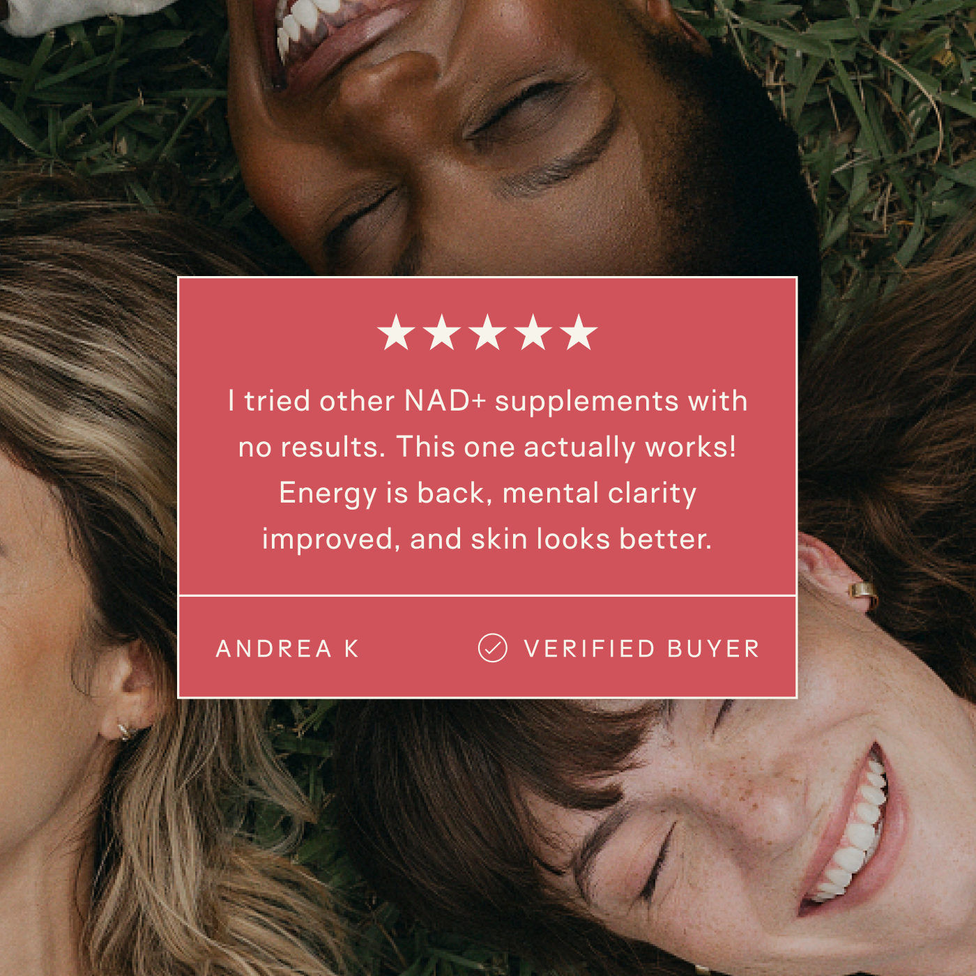 Three people lying on grass with a customer review overlay.