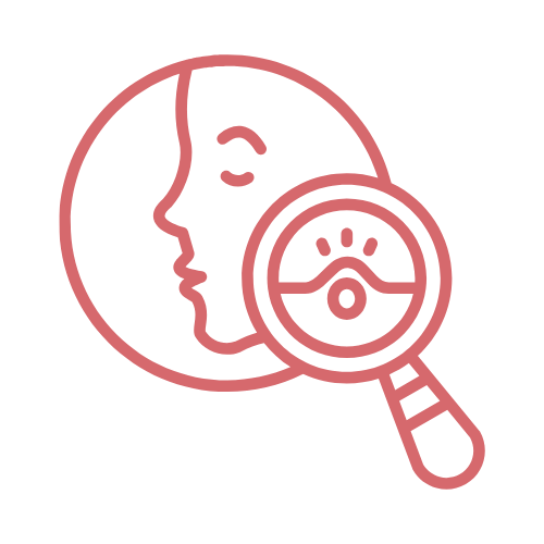 A pink line icon of a face with a magnifying glass examining a skin pore.