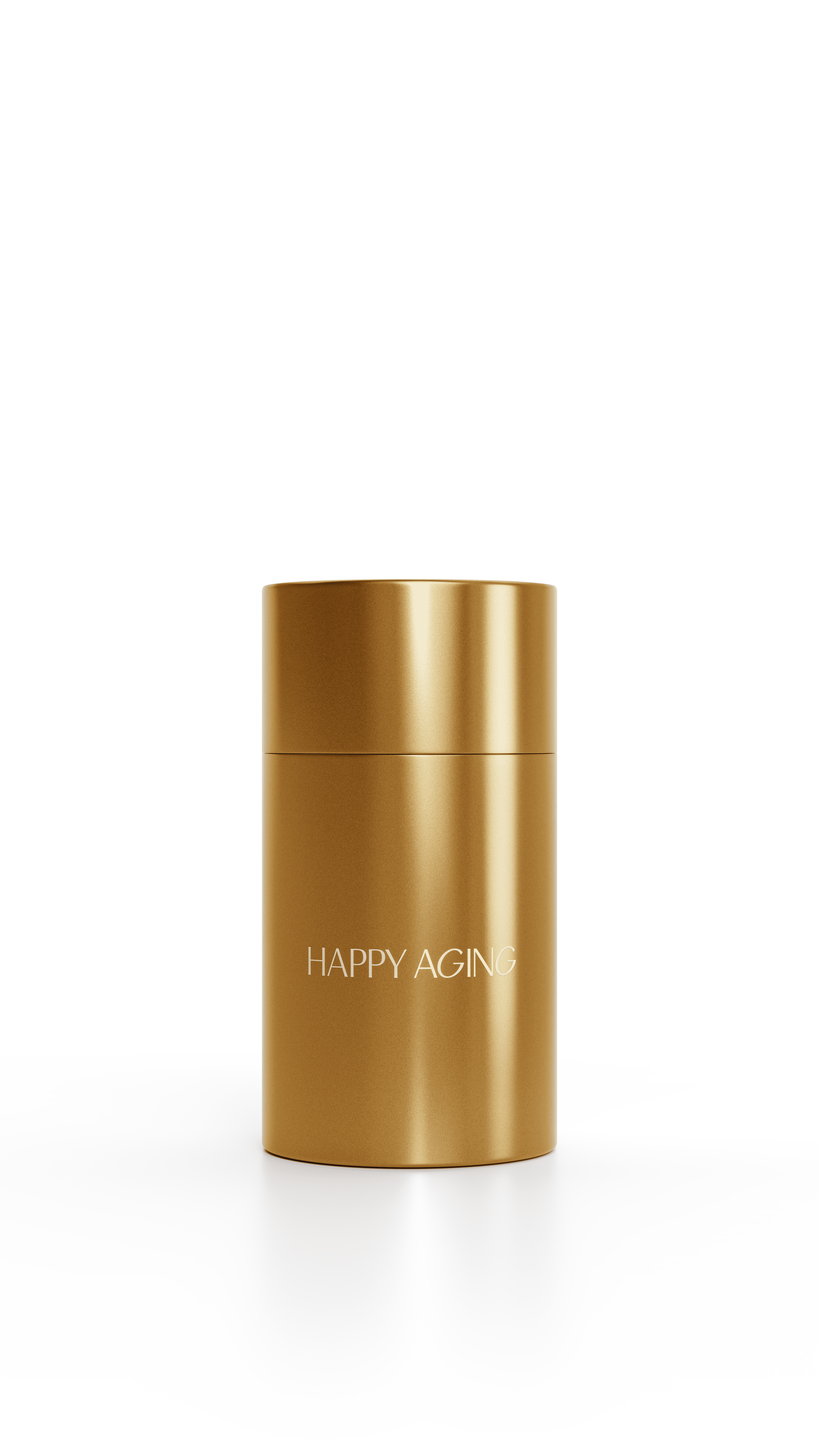 Gold cylindrical container with 'Happy Aging' text.