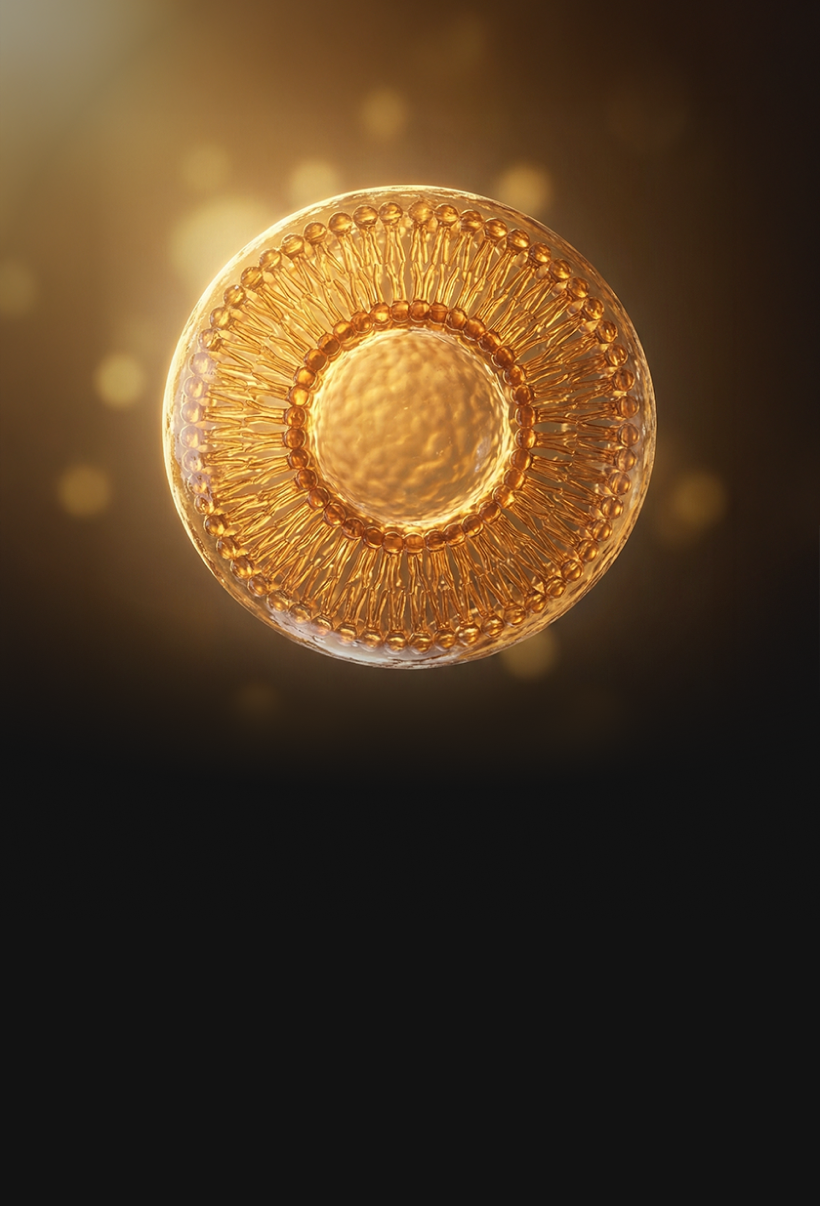A scientific illustration of a golden, spherical liposome against a dark, glowing background.