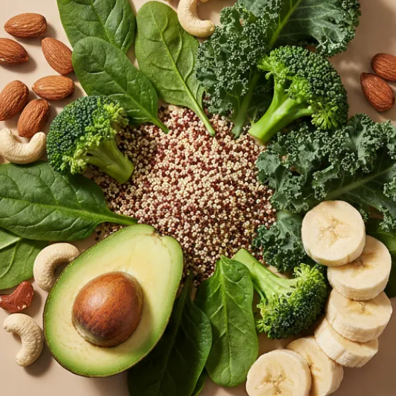 An overhead view of avocado, broccoli, kale, quinoa, nuts, and sliced bananas arranged on a surface.