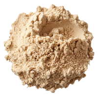 A small, circular pile of light brown powder on a white background.