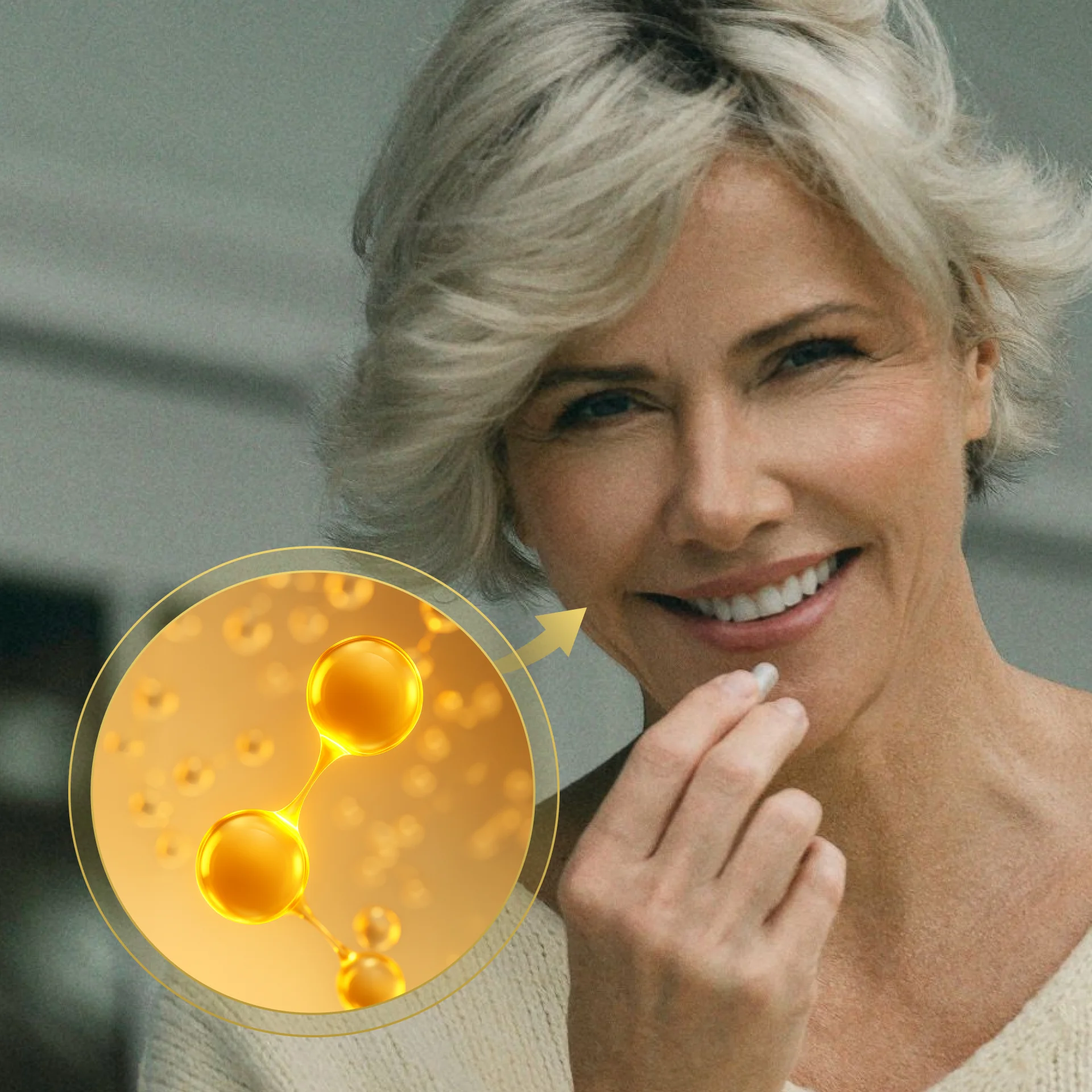 Person smiling, holding a capsule, with a molecular diagram inset.