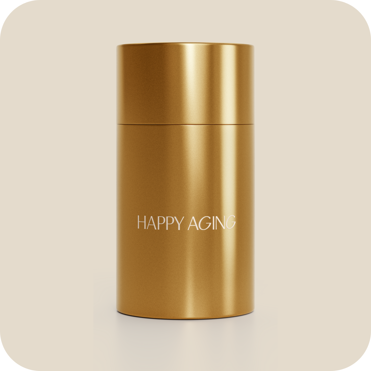 Gold cylindrical container with 'Happy Aging' text.