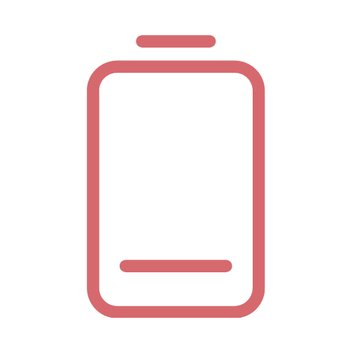 A red outline icon of a battery with a low charge level on a white background.