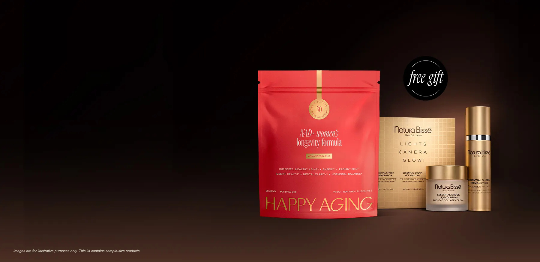 A collection of Happy Aging and Natura Bissé beauty products with a 'free gift' sticker.