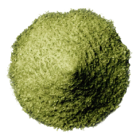 A circular pile of fine, greenish powder on a white background.