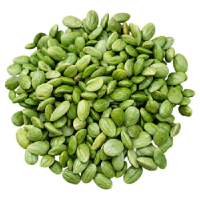 A circular pile of bright green, flat, oval-shaped beans on a white background.