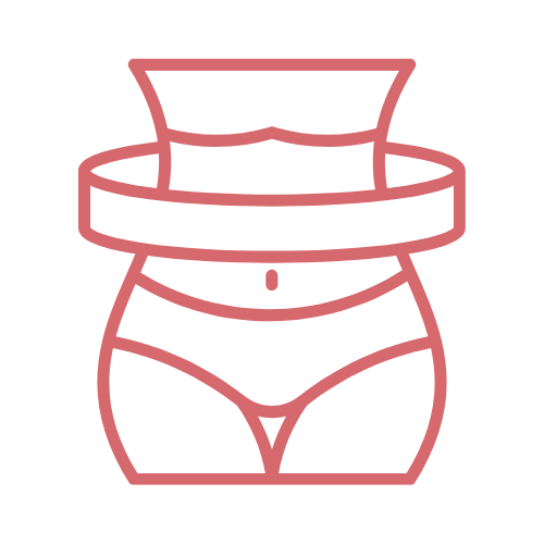 A pink line art icon of a person's torso with a measuring tape wrapped around the waist.