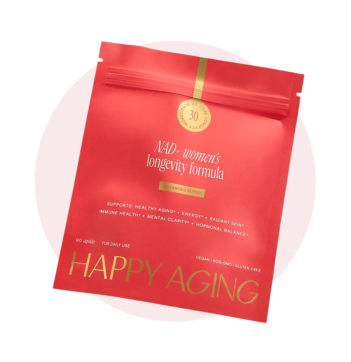 A red pouch of Happy Aging NAD+ women's longevity formula supplements, on a white background with a pink circle.