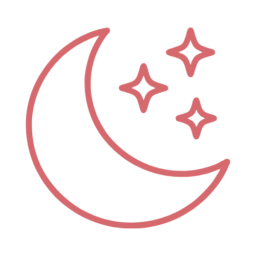 A pink line-art icon of a crescent moon and three four-pointed stars.