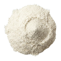 A circular pile of fine, off-white powder on a white background.