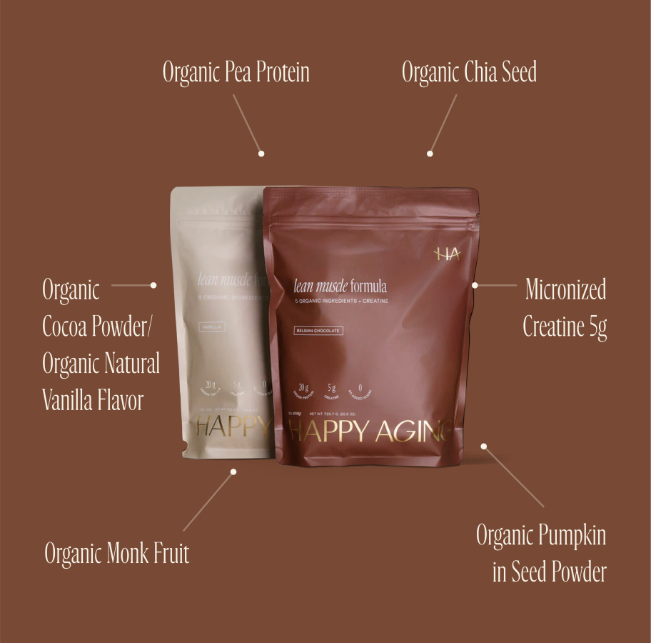 Two protein powder bags labeled with organic ingredients on a brown background.