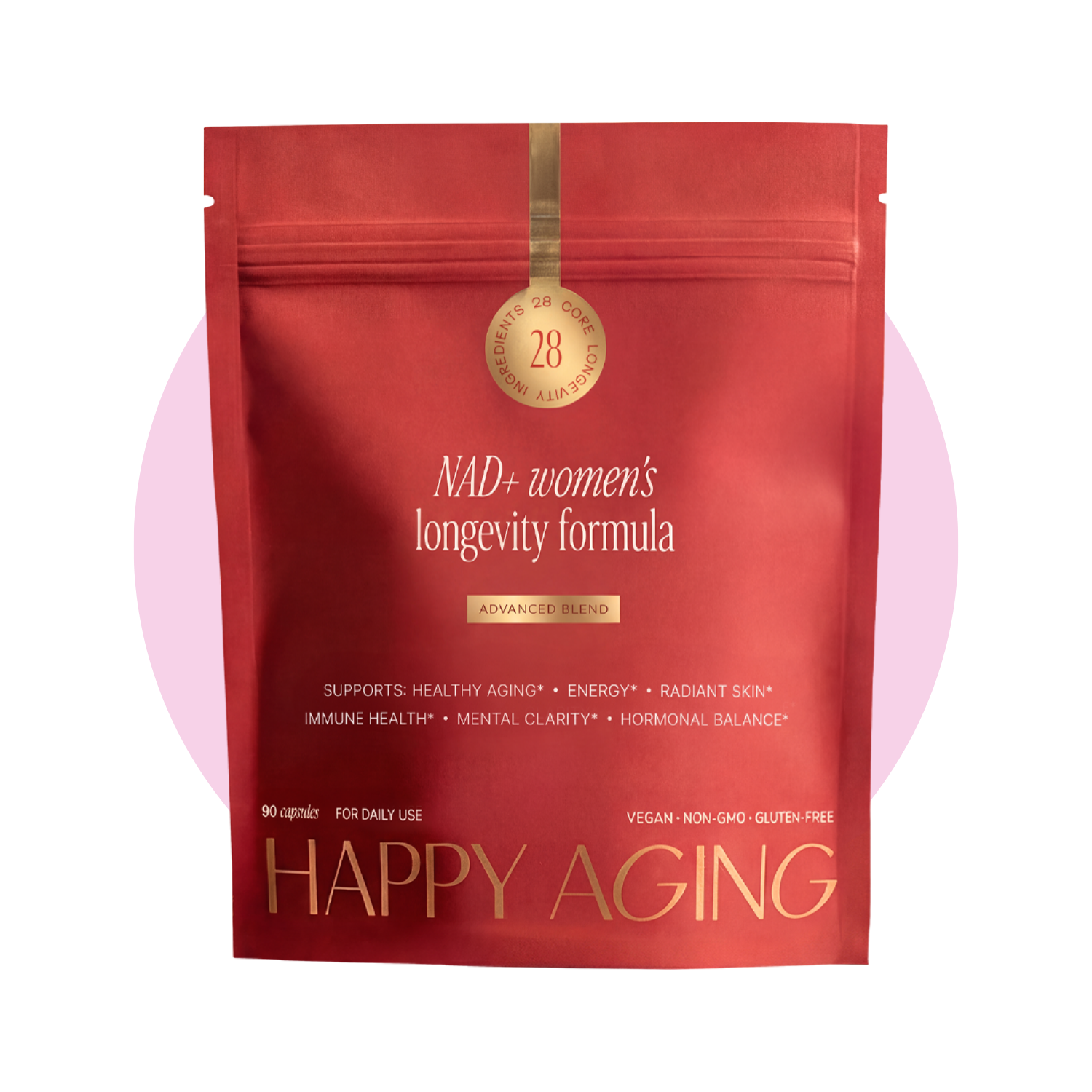 A red pouch of Happy Aging NAD+ Women's Longevity Formula supplements against a light pink circular background.