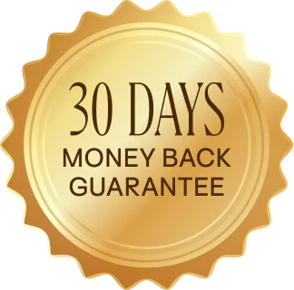 Gold seal with '30 Days Money Back Guarantee' text.