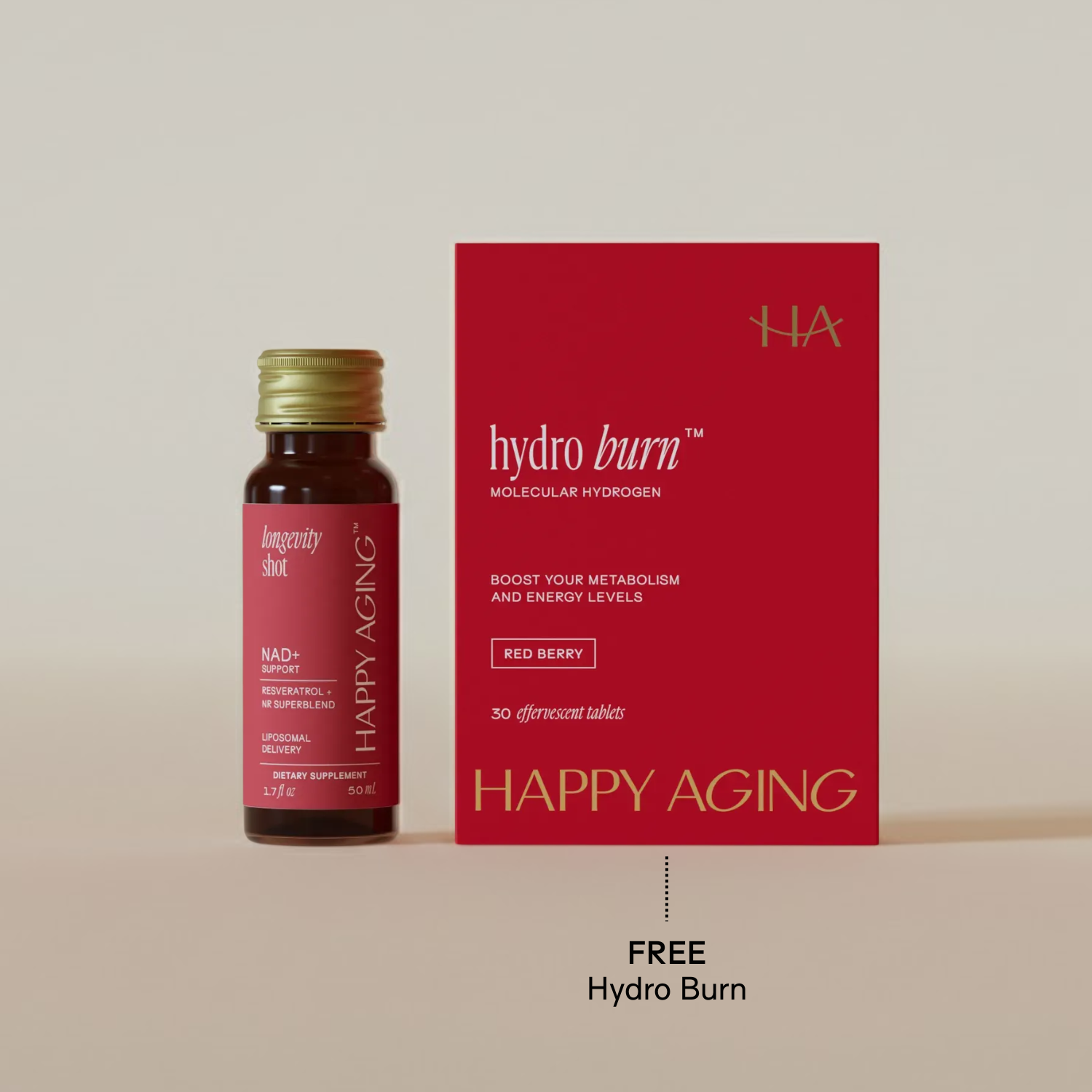 Red and gold packaging of dietary supplements on a beige background.