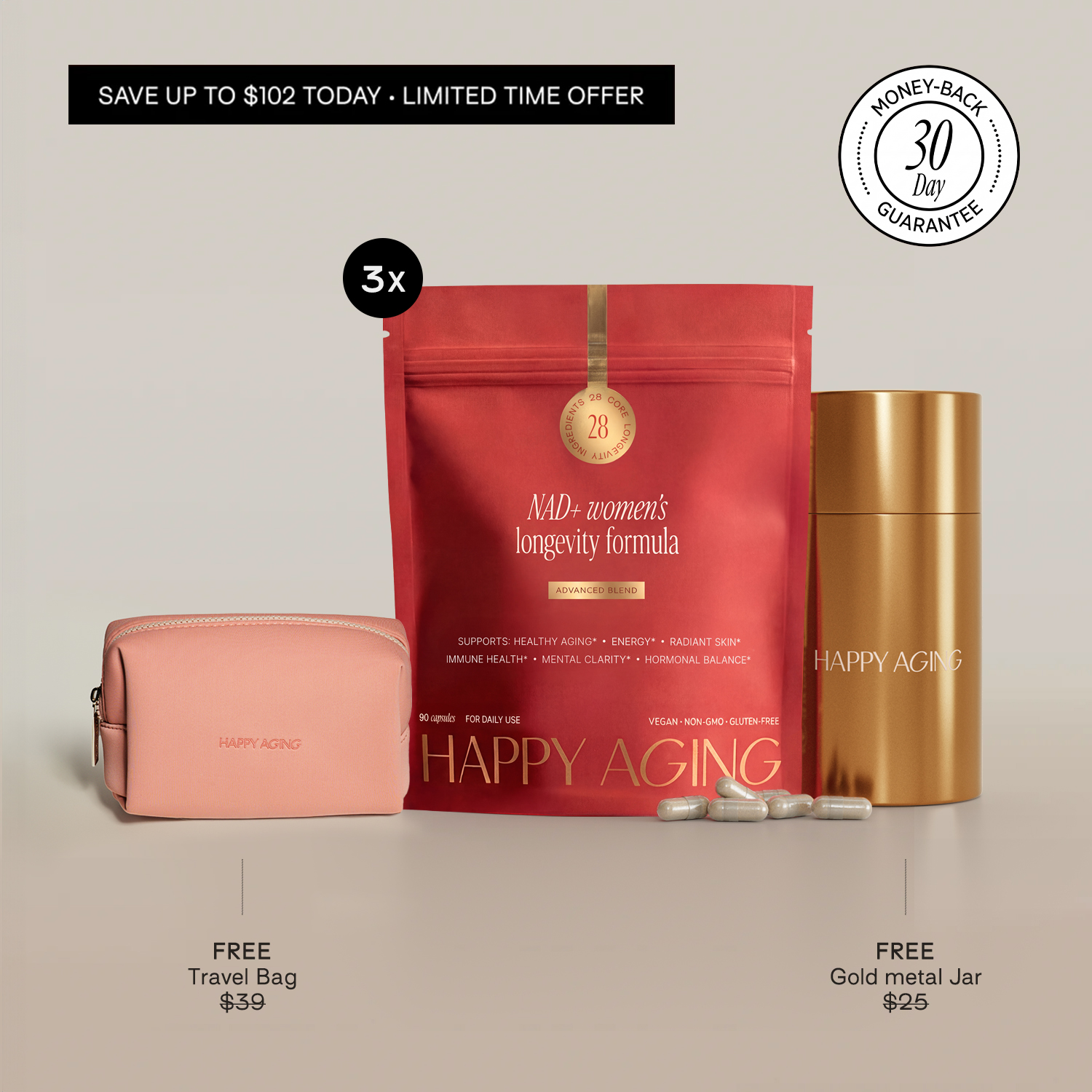 Happy Aging supplement pouch, a pink travel bag, a gold metal jar, and several capsules.