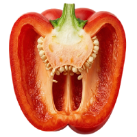 A red bell pepper sliced in half, showing the seeds and core against a white background.