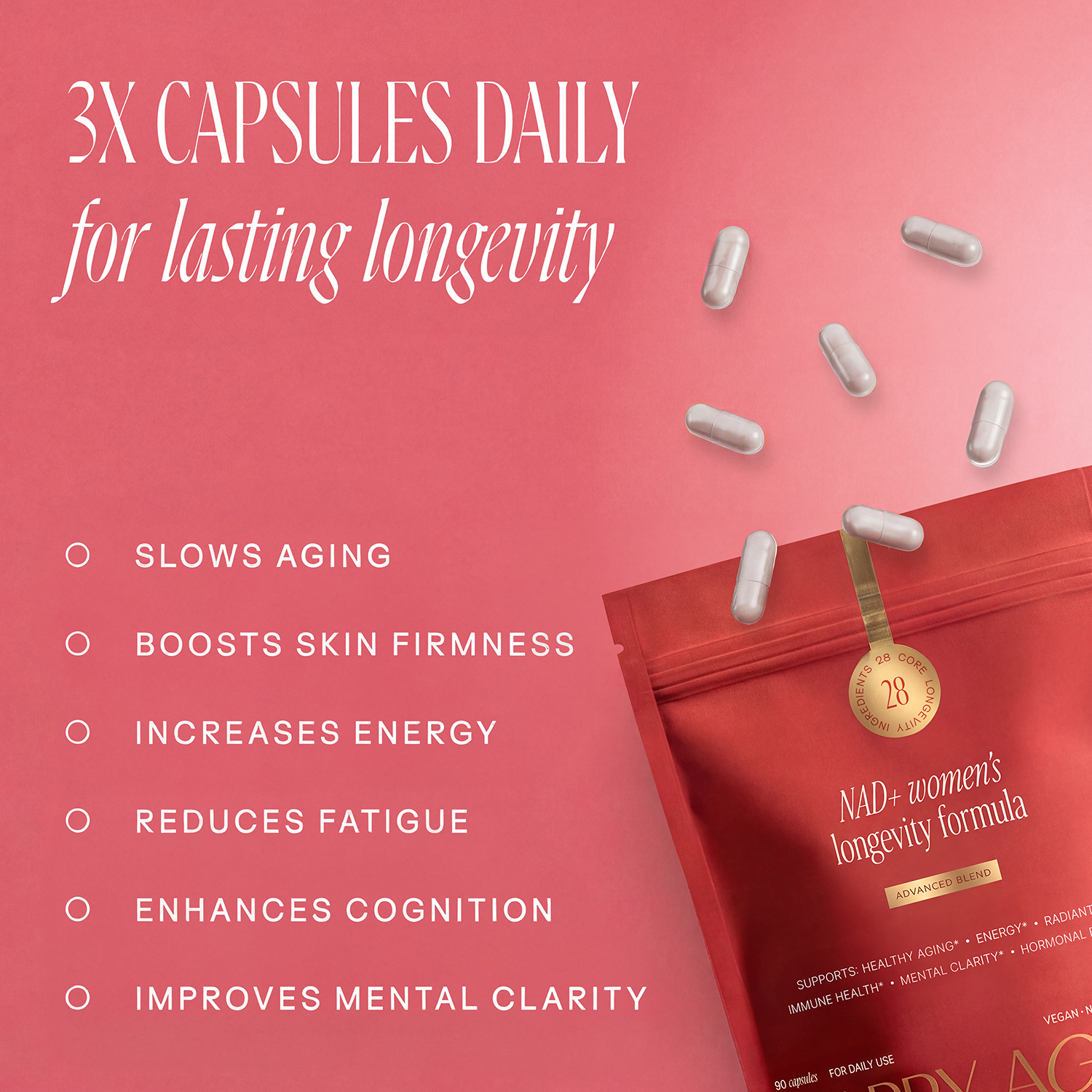 A red pouch of NAD+ women's longevity formula with capsules and a list of product benefits.