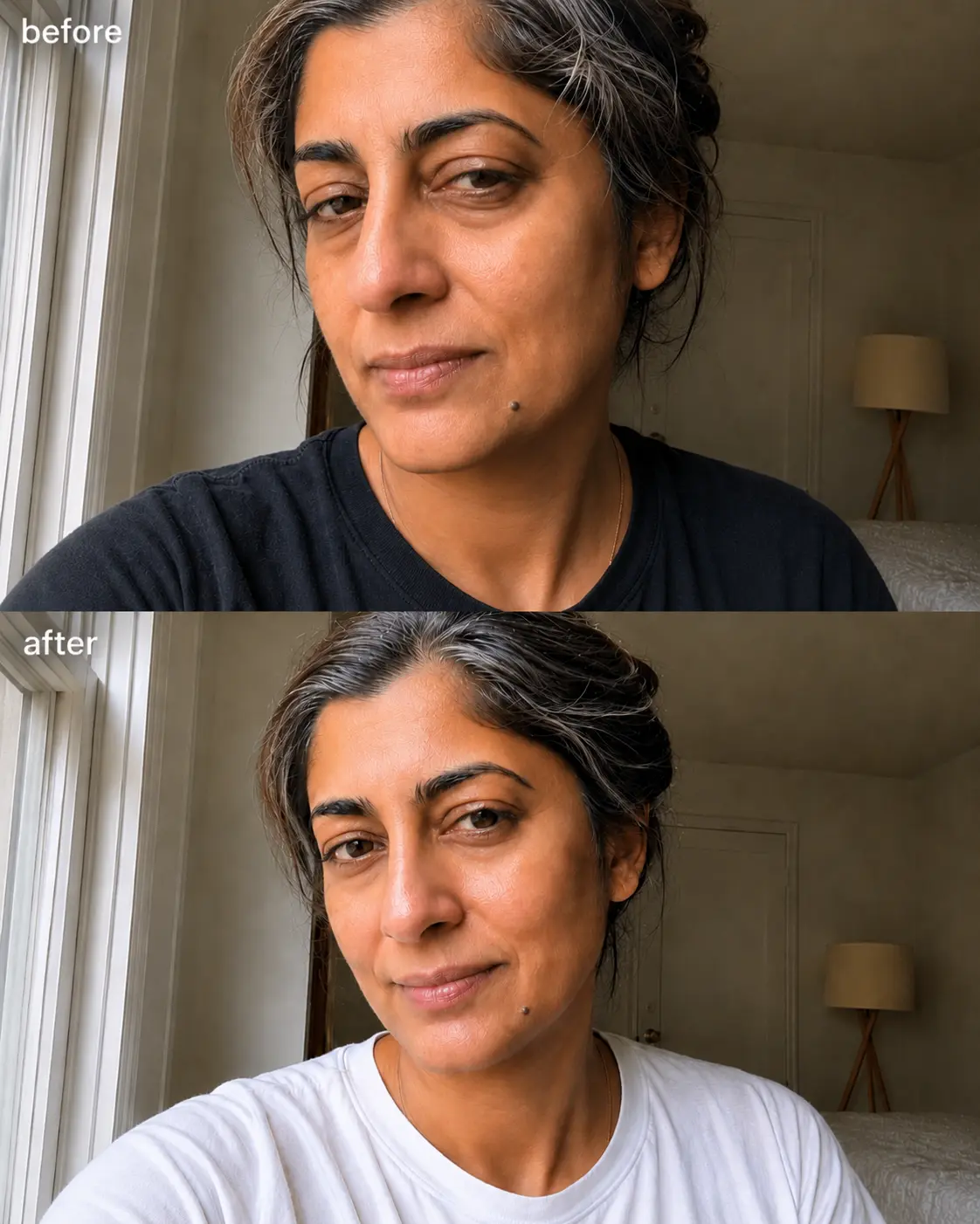 A before-and-after comparison of a woman's face, showing a difference in skin tone and brightness.
