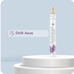A perfume bottle labeled 'Bluegrass' on a white pedestal with 'Drift Away' text.