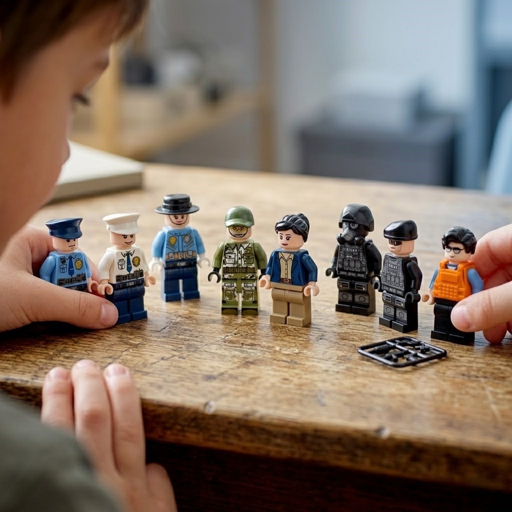 A child arranges a line of assorted LEGO minifigures on a wooden table.