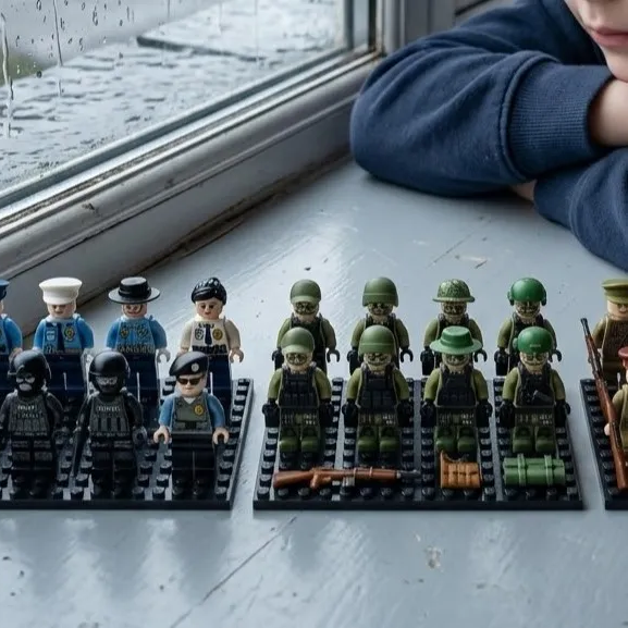 A child looks at Lego-style police and soldier figures arranged on a windowsill.