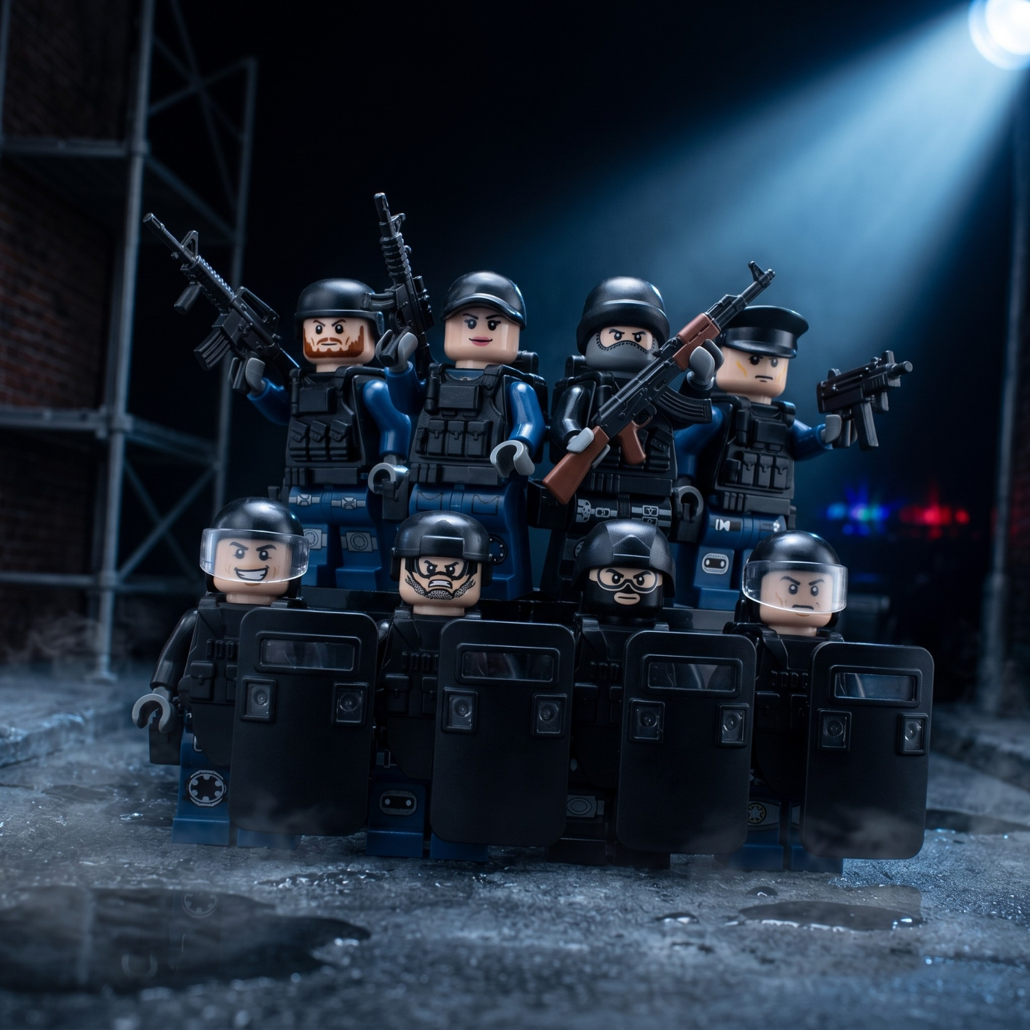 A group of LEGO minifigures dressed as a SWAT team with guns and riot shields.