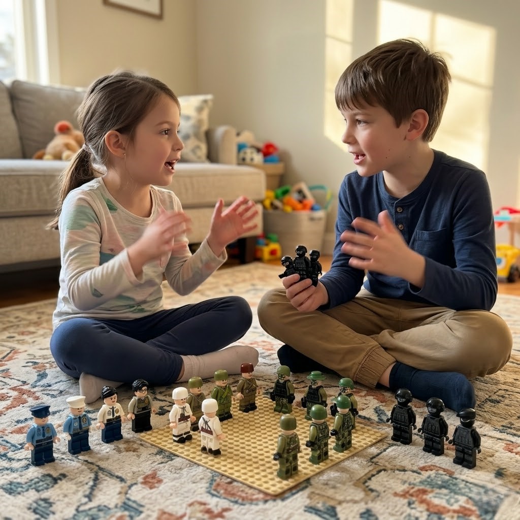 A boy and a girl sit on a rug playing with toy soldier minifigures set up on a board.