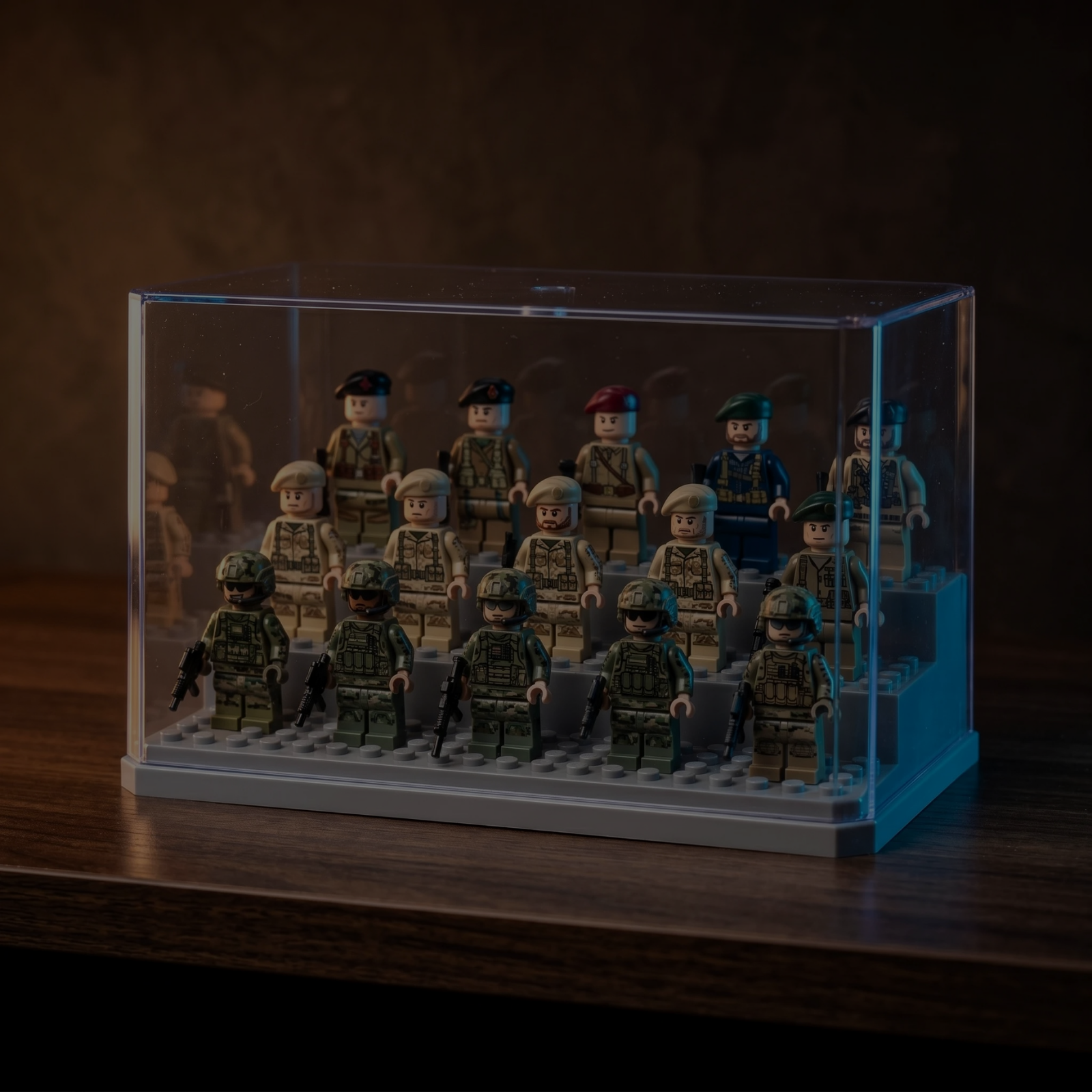 A collection of soldier minifigures arranged on tiered stands inside a clear plastic display case.