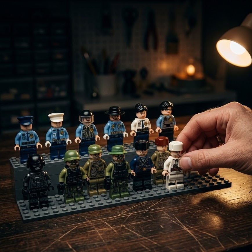 A person's hand arranges a collection of police and soldier LEGO minifigures on a tiered stand.