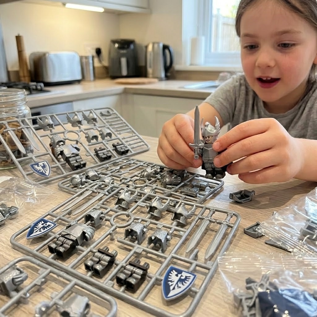 A young girl assembles a small knight figurine at a kitchen table filled with model kit parts.