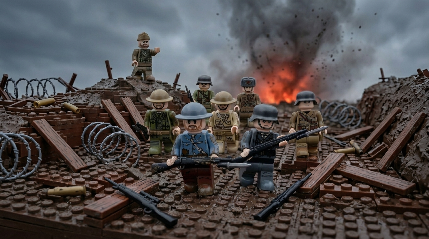LEGO minifigure soldiers stand in a muddy trench with a fiery explosion in the background.