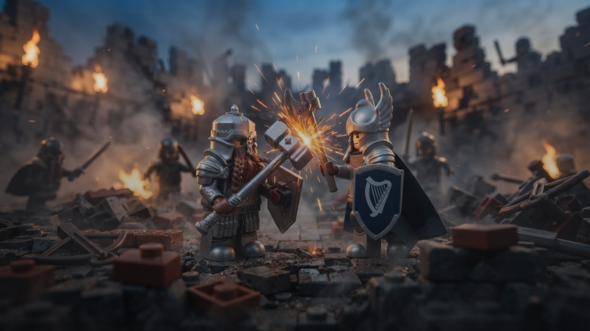 Two LEGO-style armored figures clash weapons, creating sparks amidst a fiery, ruined battle scene.