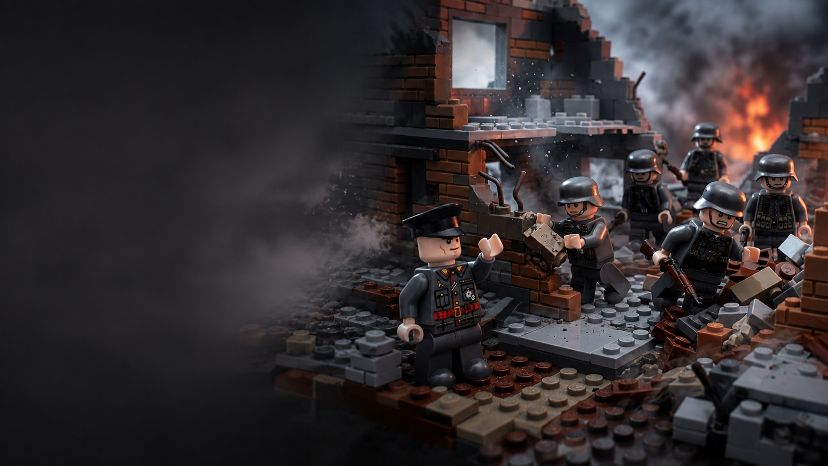 LEGO minifigures dressed as soldiers stand in a ruined brick city with fire in the background.