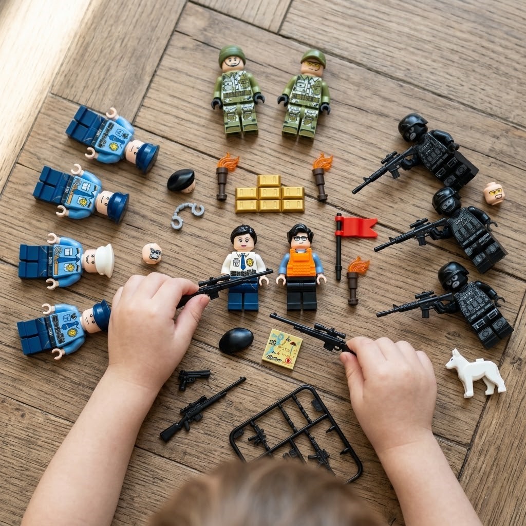 A child plays with various police and soldier Lego-style minifigures and accessories on a wooden floor.