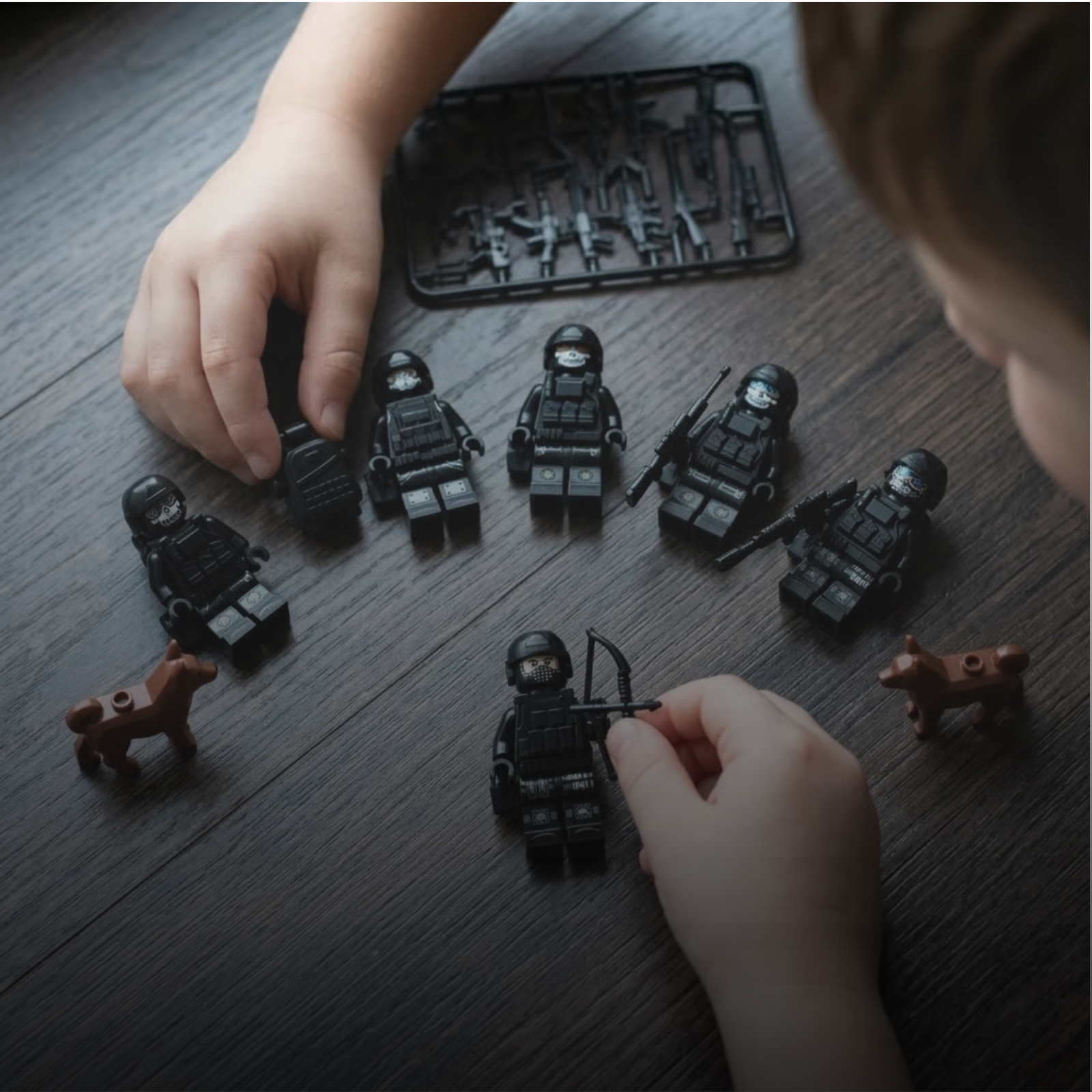 A child's hands arrange black toy soldiers and two small dogs on a dark wood floor.