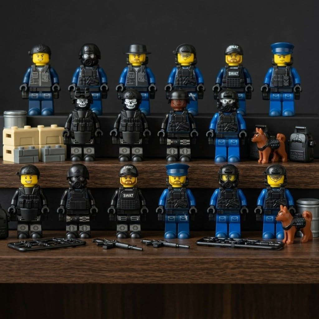 A collection of police and SWAT-themed toy minifigures arranged in rows on wooden shelves.
