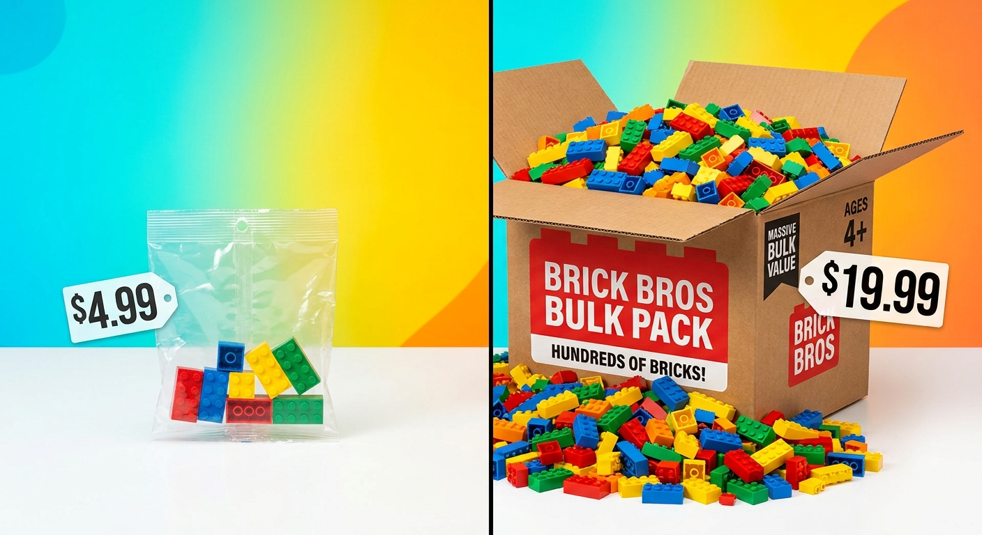 A small bag of building bricks compared to a large bulk box of bricks, showing price differences.