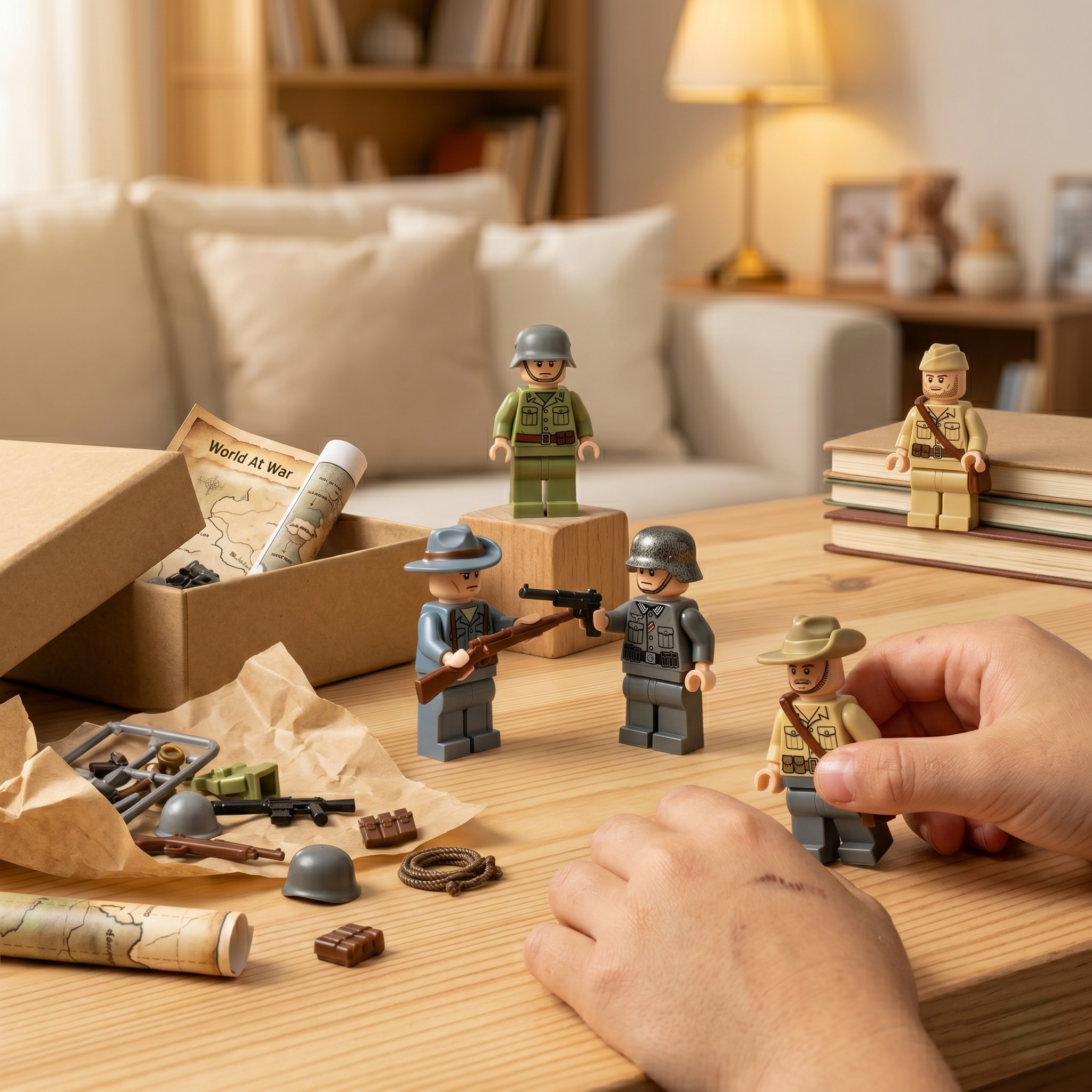 A person's hands arrange several toy soldier minifigures and accessories on a wooden table.