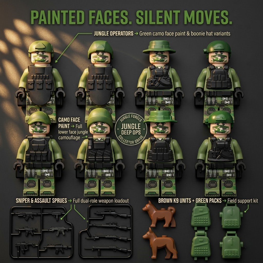 An advertisement showing toy soldier minifigures in jungle camouflage with guns, dogs, and backpack accessories.