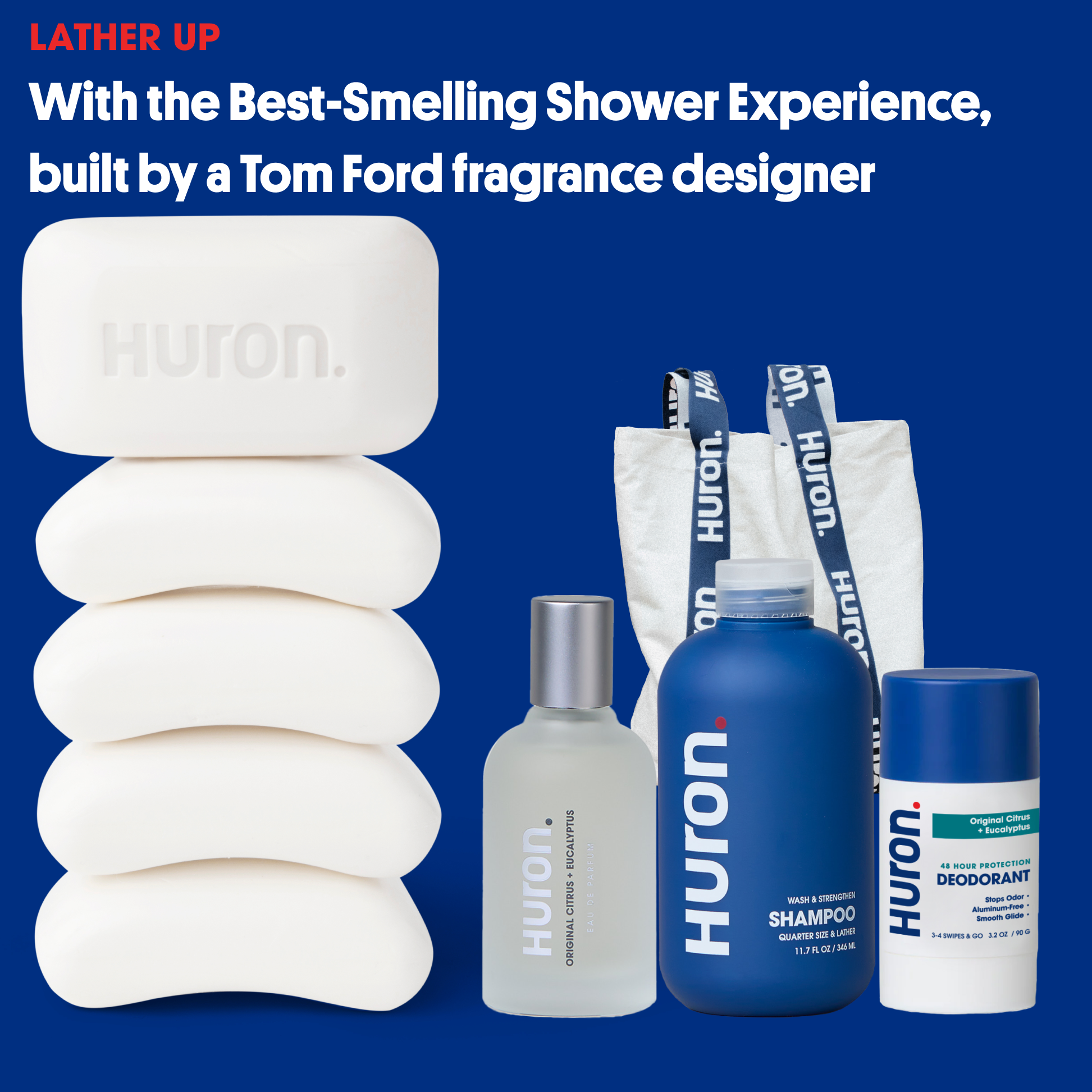 Huron soap, shampoo, deodorant, and bag on a blue background with promotional text.