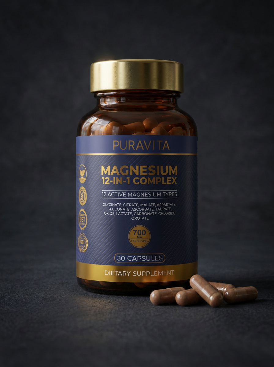 A brown bottle of Puravita Magnesium 12-in-1 Complex with several capsules spilled in front on a dark surface.