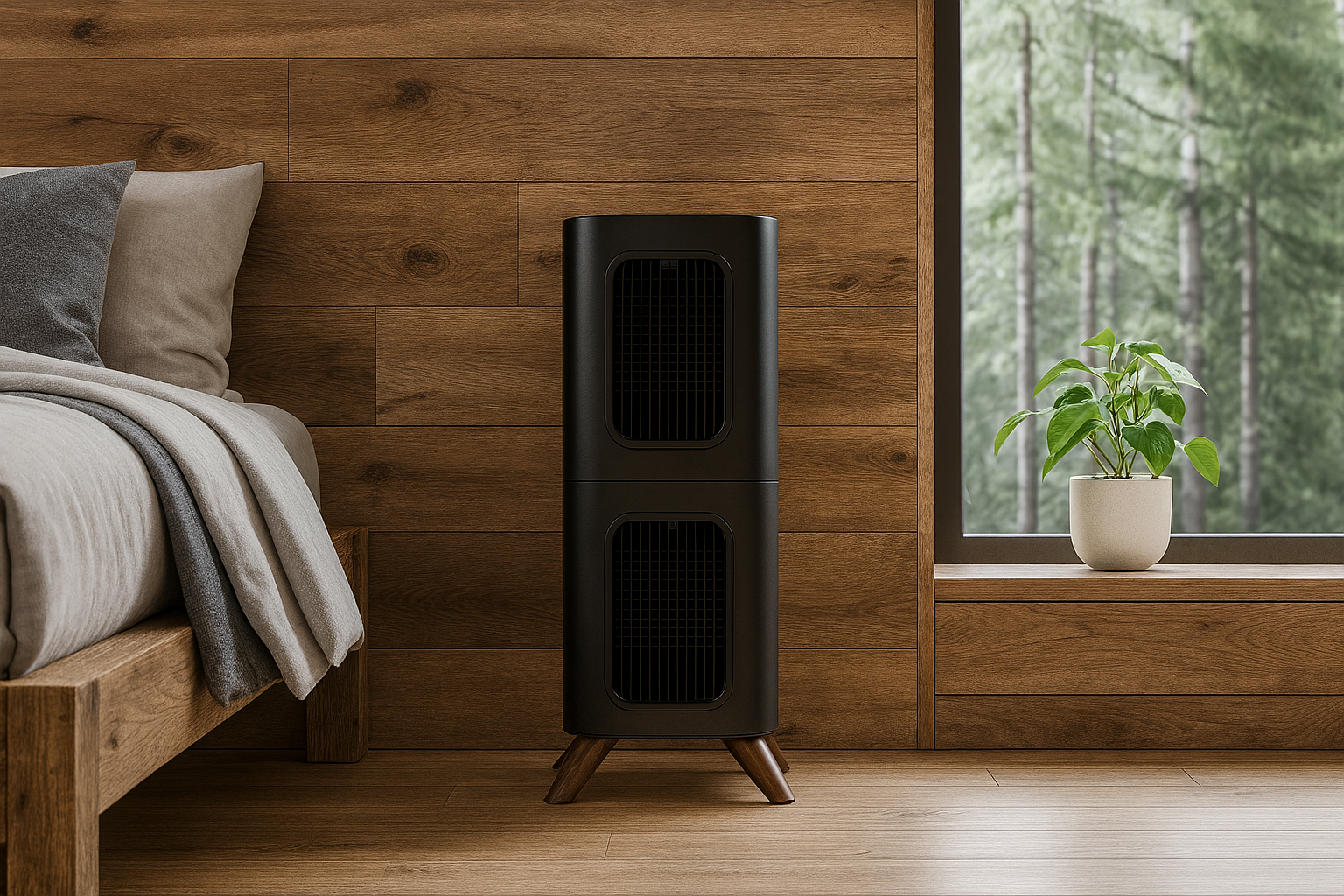 Modern bedroom with wooden walls, air purifier, and potted plant by window.