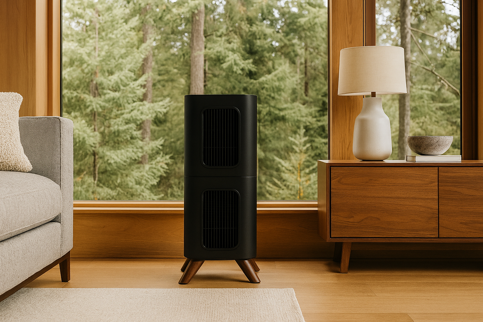 Modern living room with a black air purifier, lamp, and wooden furniture.
